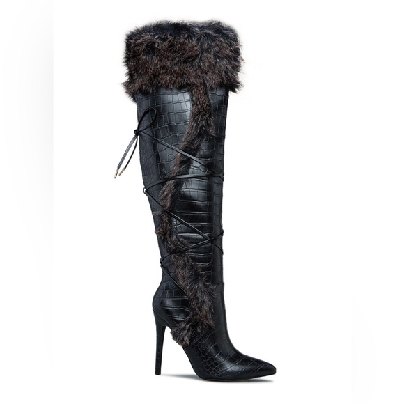 Shoedazzle Sheryl Faux Fur Stiletto Knee-High Heeled Boot - Picture 2 of 13